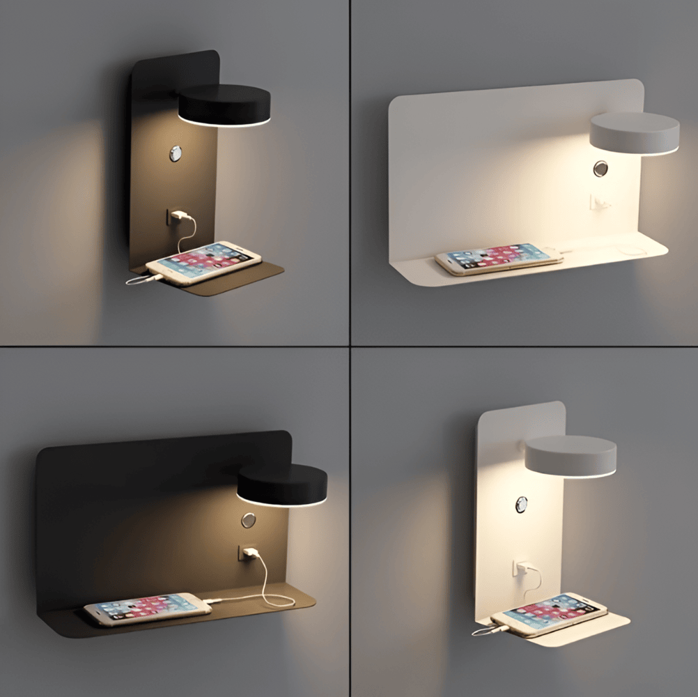 Led-væglampe med hylde og USB-port - moderne design og 2-i-1-funktion